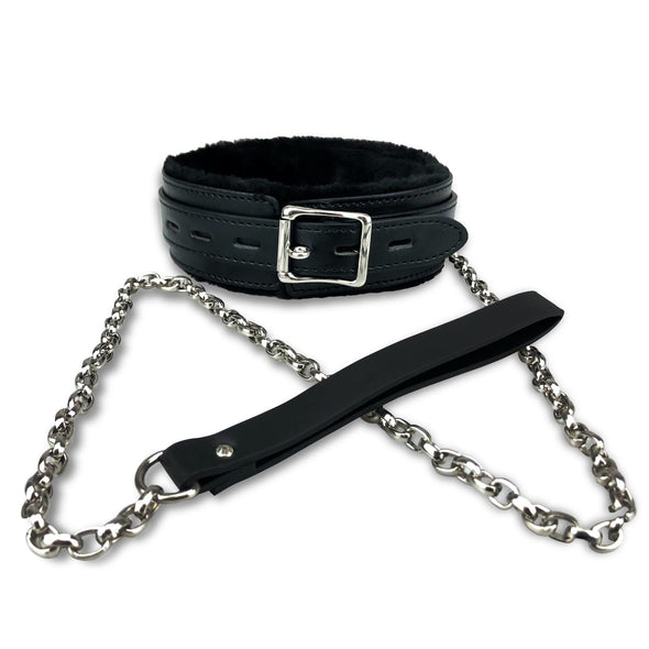 Bilisee Leather Choker Dog Collars - Soft Inner Fur with Detachable Leash Chain & Alloy Buckle, Black