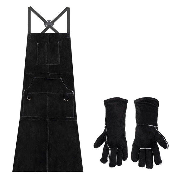 eletecpro Cowhide Welding Apron & Gloves, Heavy Duty Heat Resistant, 42 Inch 6 Pockets