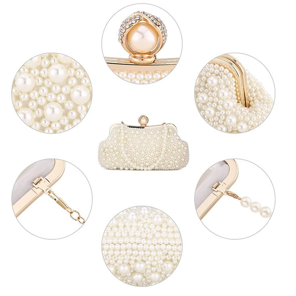 UBORSE Women Pearl Clutch Bag Crystal Beaded Evening Bag with Pearl Chain