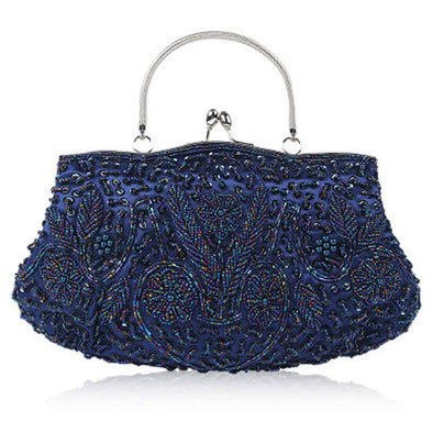 Tmore Beaded Sequin Design Flower Evening Purse Large Clutch Bag (Dark Blue)