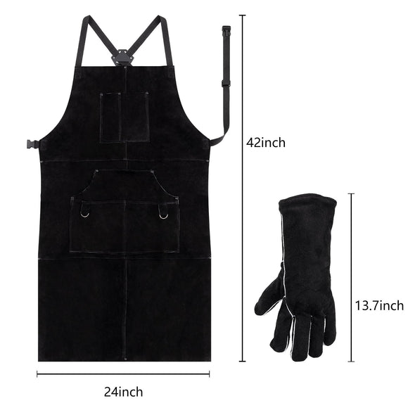 eletecpro Cowhide Welding Apron & Gloves, Heavy Duty Heat Resistant, 42 Inch 6 Pockets