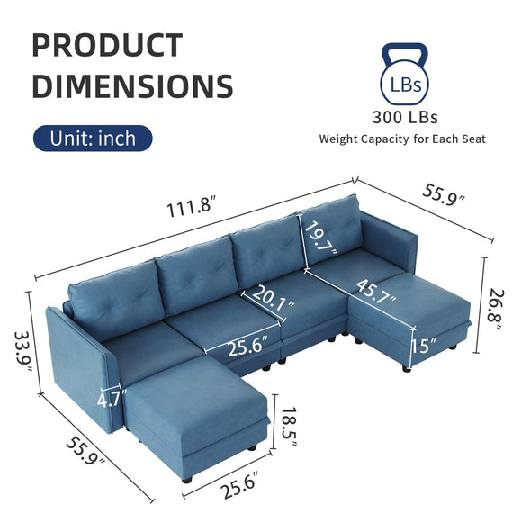 LLappuil Modular Sectional Sofa, Convertible U Shaped Couch with Storage, Faux Leather Fabric Waterproof Sectional Couch for Living Room, 111.8" Width, 6 Seat Modular Sofa, Navy Blue