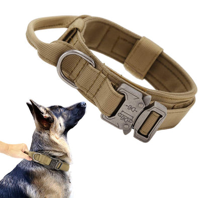 Xqpetlihai Adjustable Tactical Dog Collar with Heavy Duty Metal Buckle & Handle for Dog Training, Brown-L