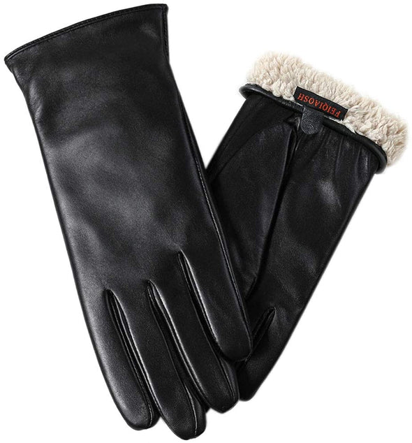 FEIQIAOSH Winter Sheepskin Gloves for Women, Fleece Lining Touch Screen Glove