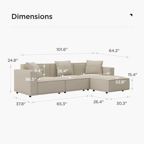 Acanva Luxury Modular Sectional Living Room Sofa Set, Modern Minimalist Style Couch with Ottoman and Chaise, L-Shape, Cream