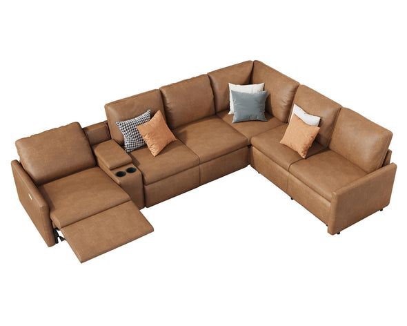 AMERLIFE Reclining Sectional Sofa, Power Recliner with Console& Single Right Recliner, 6 Seats L Shaped Couch with Cup Holder& Charging Port, Leather Modular Couch for Living Room