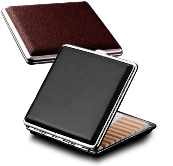 tlhaoa 2-pack Leather Cigarette Case, Crush-proof metal construction, 84mm, 20 Capacity, Black + Brown