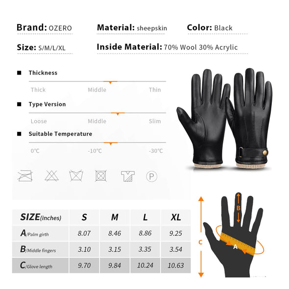 OZERO Winter Warm Gloves for Men, Nappa Leather Wool Touch screen Glove