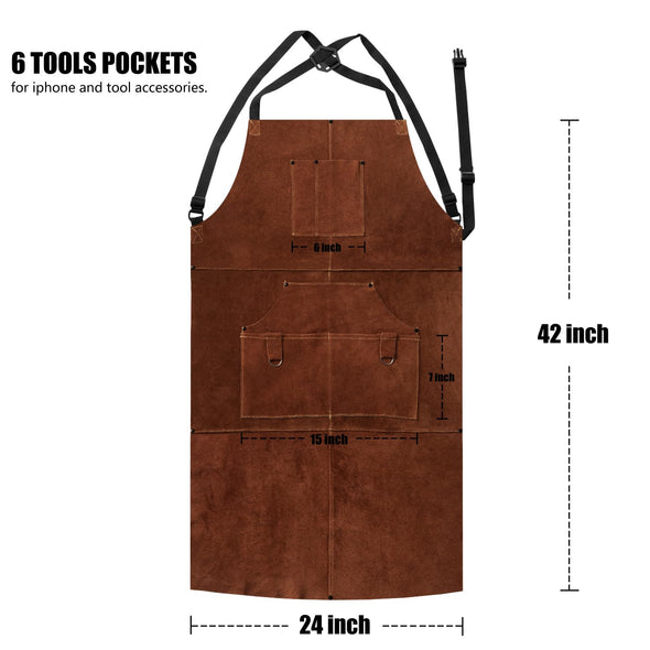 eletecpro Cowhide Welding Apron & Gloves, Heavy Duty Durable, 42 Inch 6 Pockets