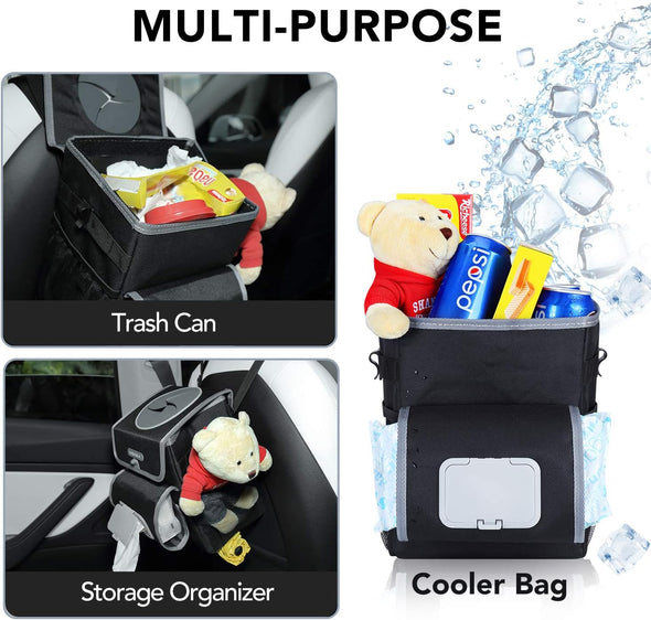 All-In-One Car Trash Can, Garbage Bag for Car with Removable Leakproof Interior Liner, Adjustable Tissue Holder & Straps(Black)