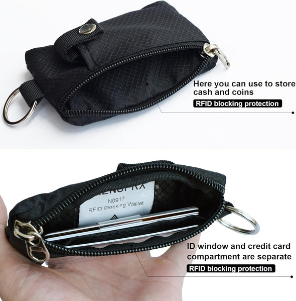 Minimalist RFID Blocking Small Wallet with ID Window,Waterresistant Zip Id Case Wallet with Lanyard Keychain for Cards,Cash,Travel,Women,Men