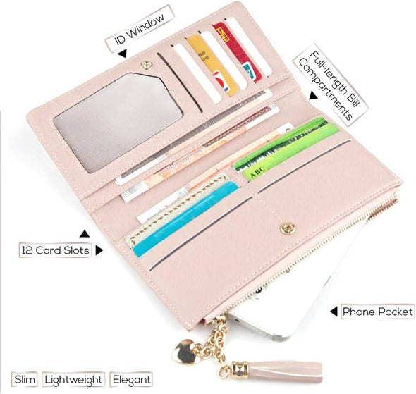 Womens Wallet Cute Elegant Long Slim Card Holder Case Minimalist Coin Purse Thin Tassels Zip Clutch Wallets for Girls Ladies