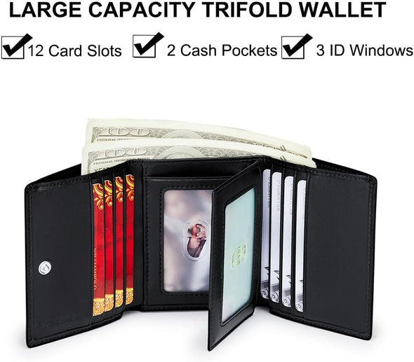 Men'S Leather Trifold Wallet with Folded ID Windows,12 Card Slots & 2 Note Pockets(Plain Black)