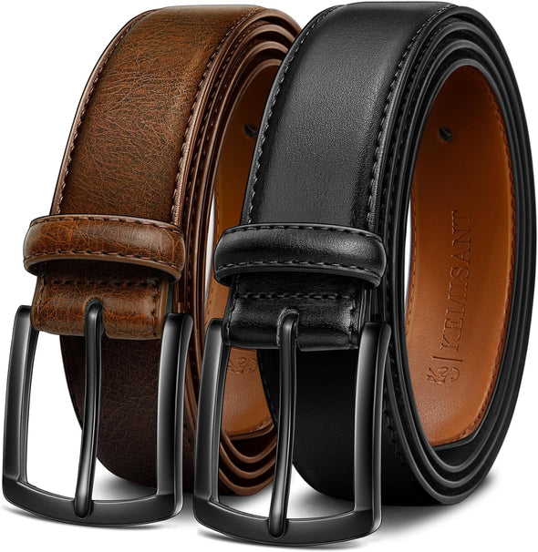 Men Belt 2Pack – Genuine Leather Belt for Men Dress Casual Golf Jeans 1 3/8"