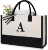 Personalized Initial Canvas Beach Bag, Monogrammed Gift Tote Bag for Women