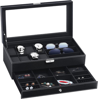 Watch Box Watch Case Watch Holder Organizer Jewelry Case Drawer Sunglasses Display Box Storage Earrings Storage Organizer Lockable with Glass Top and PU Leather for Men Women (All Black)