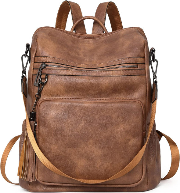 Backpack Purse for Women Large Womens Backpack Leather Travel Backpack Fashion Backpack Purse Designer Ladies Shoulder Bags with Tassel Two-Toned Brown