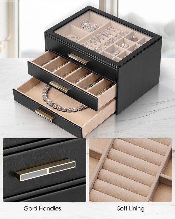 Jewelry Box for Women, Glass Lid Jewelry Organizer with 3 Drawers for Necklaces Rings Earrings Bracelets - Black