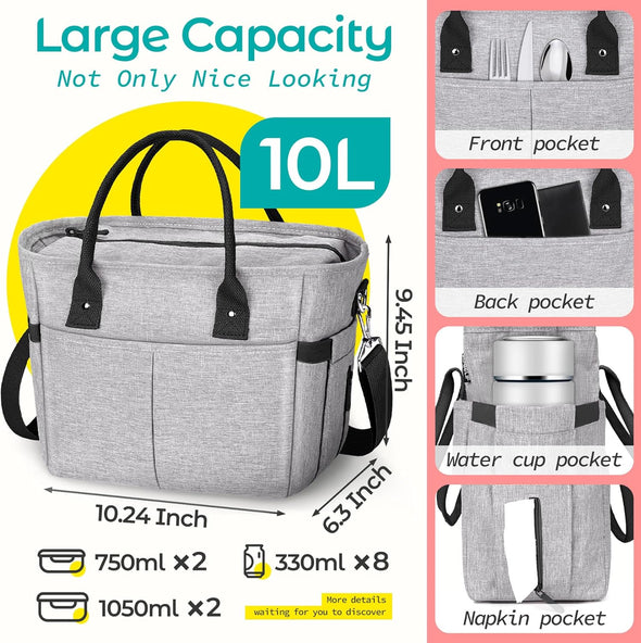 Cute & Roomy Lunch Box for Women – Adults Large Insulated Lunch Bag with Shoulder Strap, Multi-Pockets, and Water Bottle Holder for Work, Picnic, and Outdoors (Standar Size, Gray)