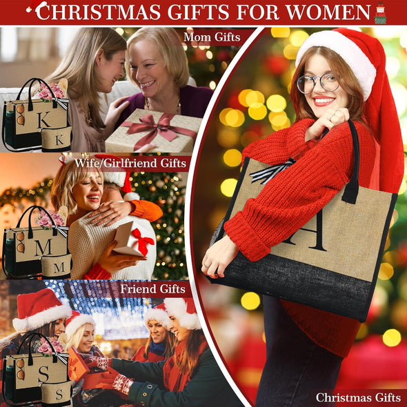 Christmas Gifts for Women - Initial Jute Tote Bag & Makeup Bag, Birthday Gifts for Women Her Mom Teacher Friend