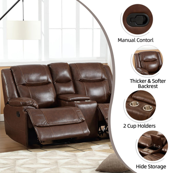 EBELLO Genuine Leather Manual Loveseat Recliner, Reclining Sofa Chair with Cup Holder, Hidden Storage, Couch Set for Living Room, Bedroom Furniture,Meeting Room, Brown (Loveseat)