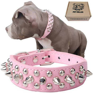 TEEMERRYCA Adjustable Leather Spiked Studded Dog Collars with Squeak Ball, Pink-L,15"-18.5"