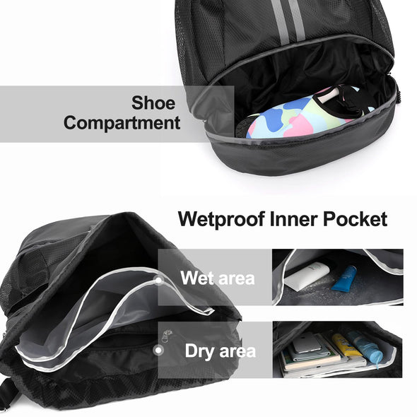 Hoedia Sports Drawstring Backpack,  Swim Gym Bag with Shoes Compartment & Wet Proof Pocket