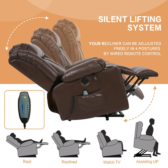 PARKOL Power Lift Leather Recliner for Elderly with Massage and Heat, 2 Cup Holders, Electric Stand Assist, USB Ports