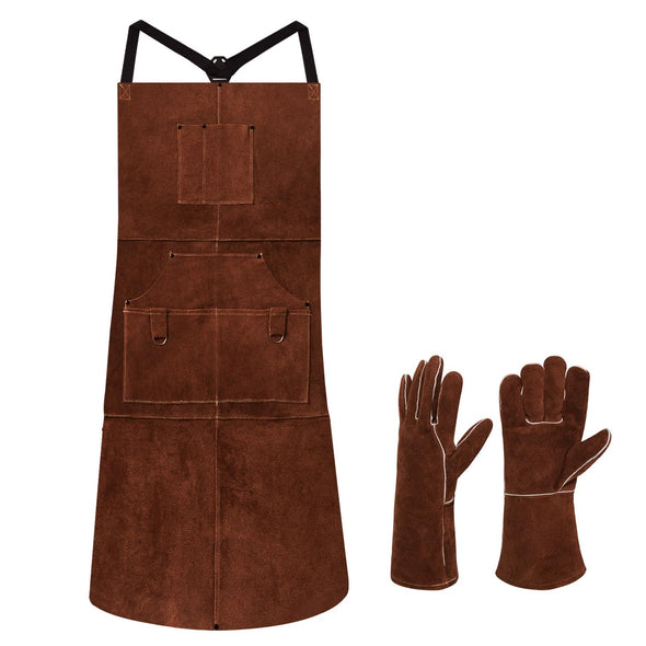 eletecpro Cowhide Welding Apron & Gloves, Heavy Duty Durable, 42 Inch 6 Pockets