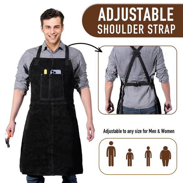 LeaSeek Cowhide Welding Work Apron, Heat Resistant & Flame Resistant adjustable Apron