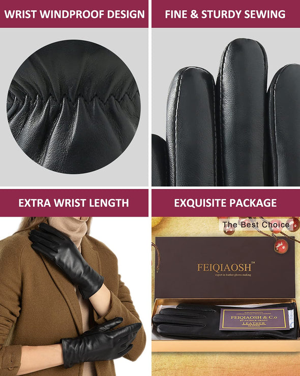 FEIQIAOSH Winter Sheepskin Gloves for Women, Fleece Lining Touch Screen Glove