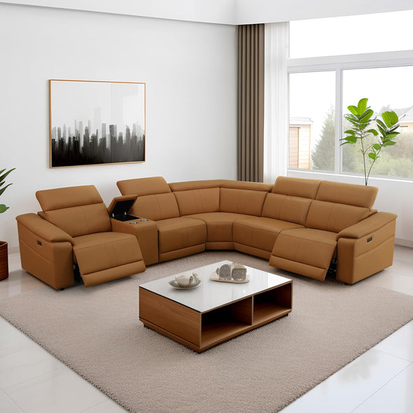 SIENWIEY Power Reclining Sectional Sofa with Console，5 Seats Leather Sectional Couch Living Room Set L Shaped Couch with Cup Holders/USB Charging/Manually Adjustable Headrests