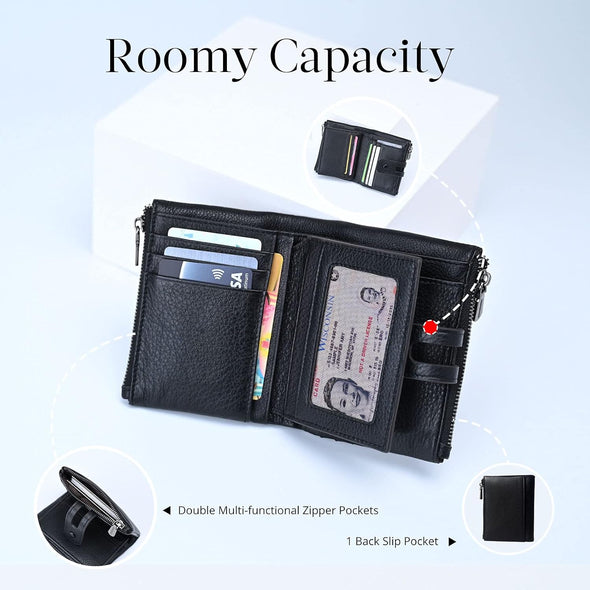 Small Soft Leather Wallet for Women RFID Blocking Ladies Card Holder with Double Zipper Pocket