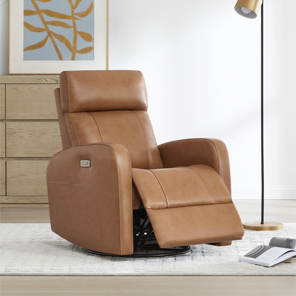 CHITA Genuine Leather Power Swivel Recliner Chair, FSC Certified Electric Rocker Chair - Saddle Brown