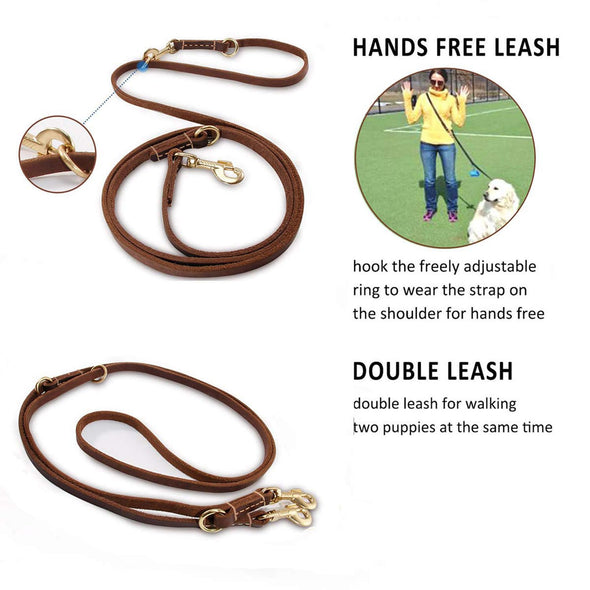 Guiding Star Multi Function 8ft Leather Hands Free Dog Leash for Small, Medium and Large Dogs