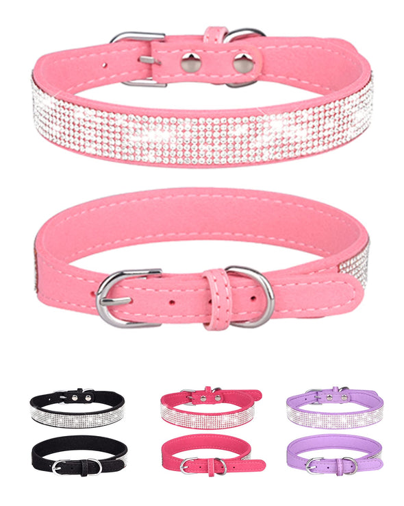 Aecllcea Pink Dog Collar for Small Dogs, Adjustable Leather Suede Rhinestone Dog Collars, S-Pink