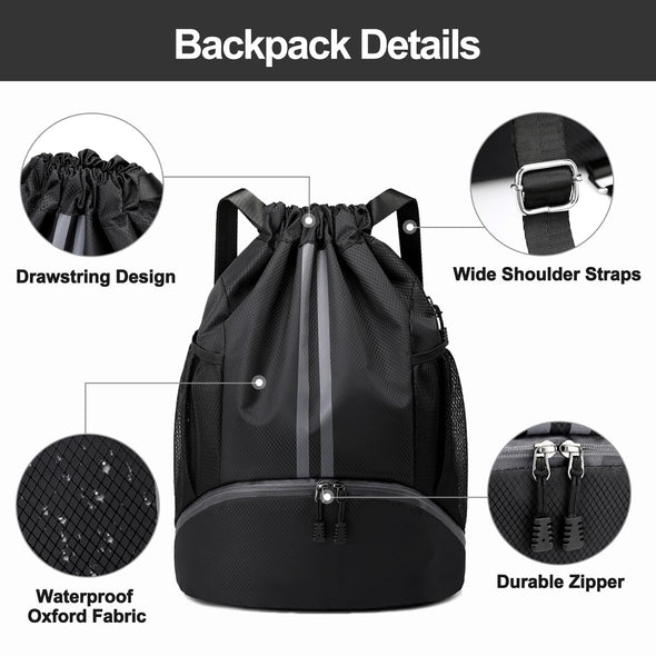 Hoedia Sports Drawstring Backpack,  Swim Gym Bag with Shoes Compartment & Wet Proof Pocket