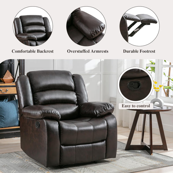 ANJ Faux Leather Manual Sofa Recliner with Overstuffed Arm and Back - Dark Brown