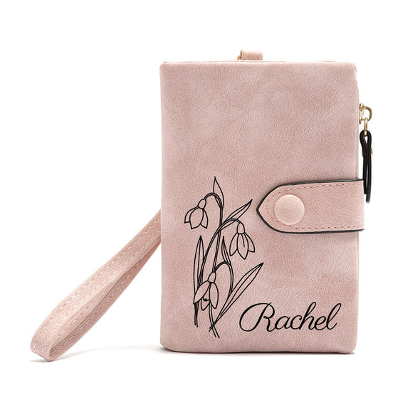 Personalized Wallet Custom Birth Flower & Name, Small Leather Wallet Coin Purse Card Holder for Women Teen Girls Customized Gifts for Birthday Christmas Thanksgiving Anniversary Mothers Day