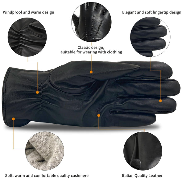 ZLUXURQ Leather Gloves for Men, Cashmere Lined Lambskin Touchsreen Gloves