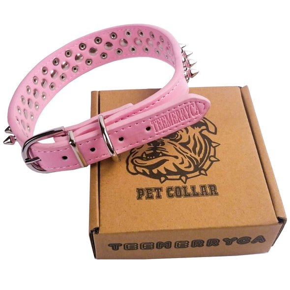 TEEMERRYCA Adjustable Leather Spiked Studded Dog Collars with Squeak Ball, Pink-L,15"-18.5"