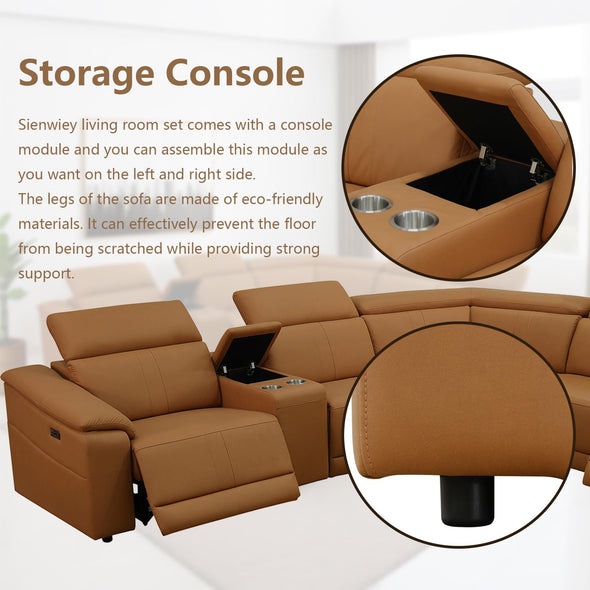 SIENWIEY Power Reclining Sectional Sofa with Console，5 Seats Leather Sectional Couch Living Room Set L Shaped Couch with Cup Holders/USB Charging/Manually Adjustable Headrests