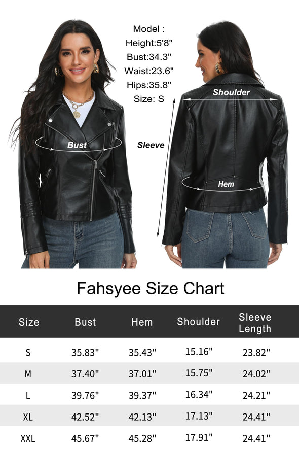 Fahsyee Leather Jacket for Women, Motocycle Biker Coat