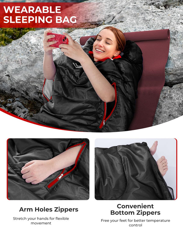 Sportneer Wearable Sleeping Bag with Arm Zipper Holes & Compression Sack