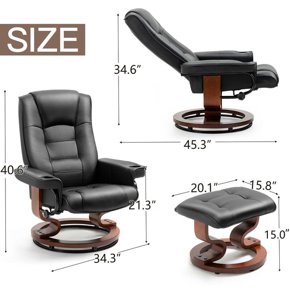 AVAWING Adjustable Recliner Chair with Ottoman & Footrest, 360° Swivel PU Leather Reclining Chair Black