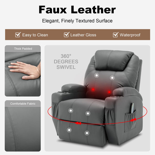 Korser Manual Swivel Recliner Chair with Massage and Heat, Remote Control and Cup Holder