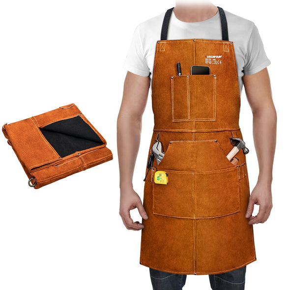 ARCCAPTAIN Cowhide Welding Work Apron  with 6 Tool Pockets, Adjustable M-XXXL