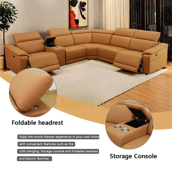 A Ainehome Sectional Sofa Couch for Living Room, Power Leather Recliner Sofa Set, Reclining Corner Sectional Sofa Set with Storage Console for Living Room（A-Ginger