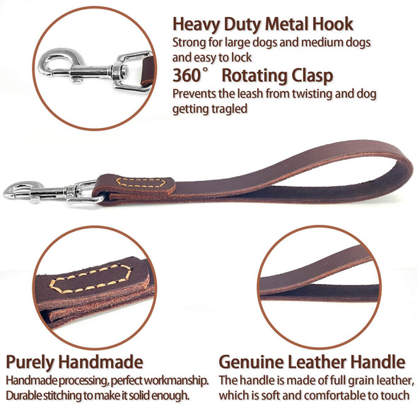 HONGSAGE Leather Short Dog Lead with Heavy Duty Metal Hook for Big Large Medium Dogs