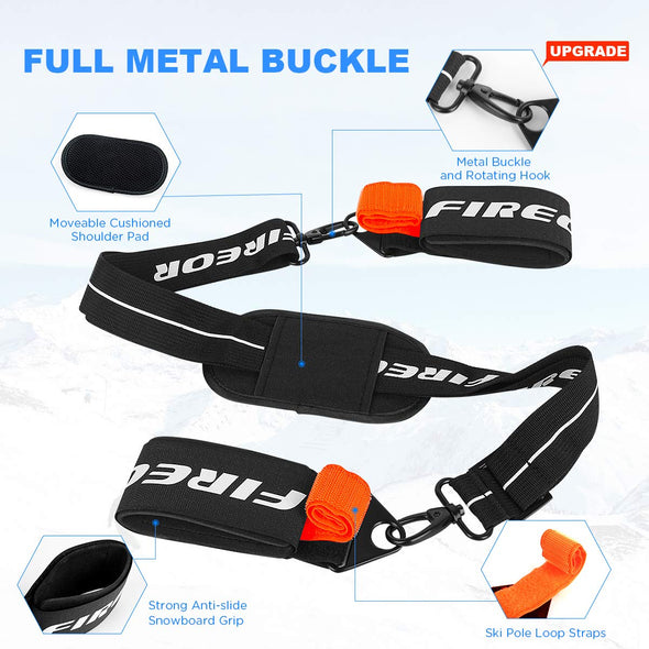 FIREOR Ski Carrier Strap, Ski Equipment Sling Straps Kit, Adjustable Cushioned Shoulder Cross Back Band